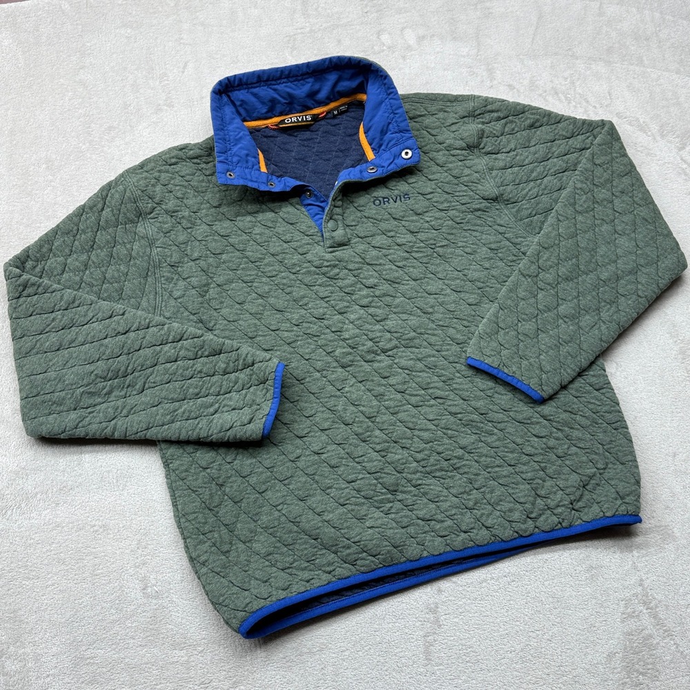 Orvis Quilted Pullover Mens Size Medium Green Blue Snap Neck Sweatshirt Outdoors
